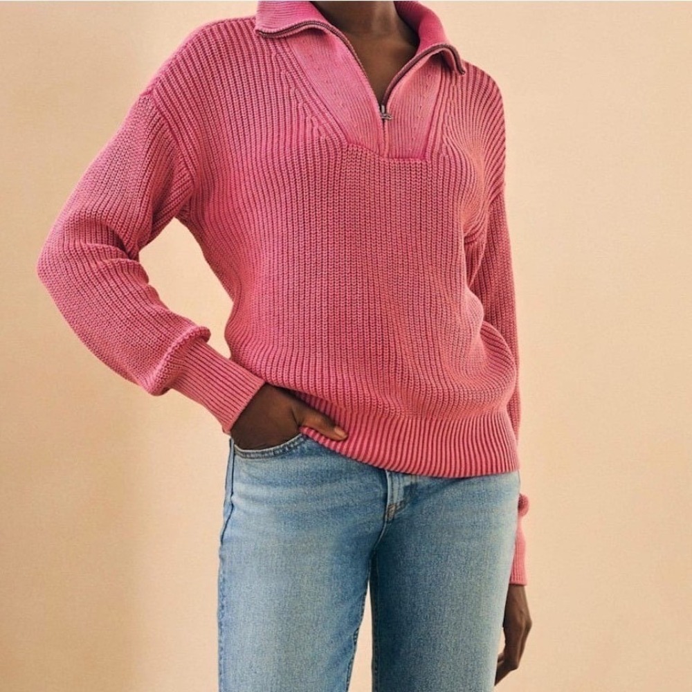 Faherty Sunwashed Mariner Sweater Large Pink Organic Cotton Ribbed Quarter Zip